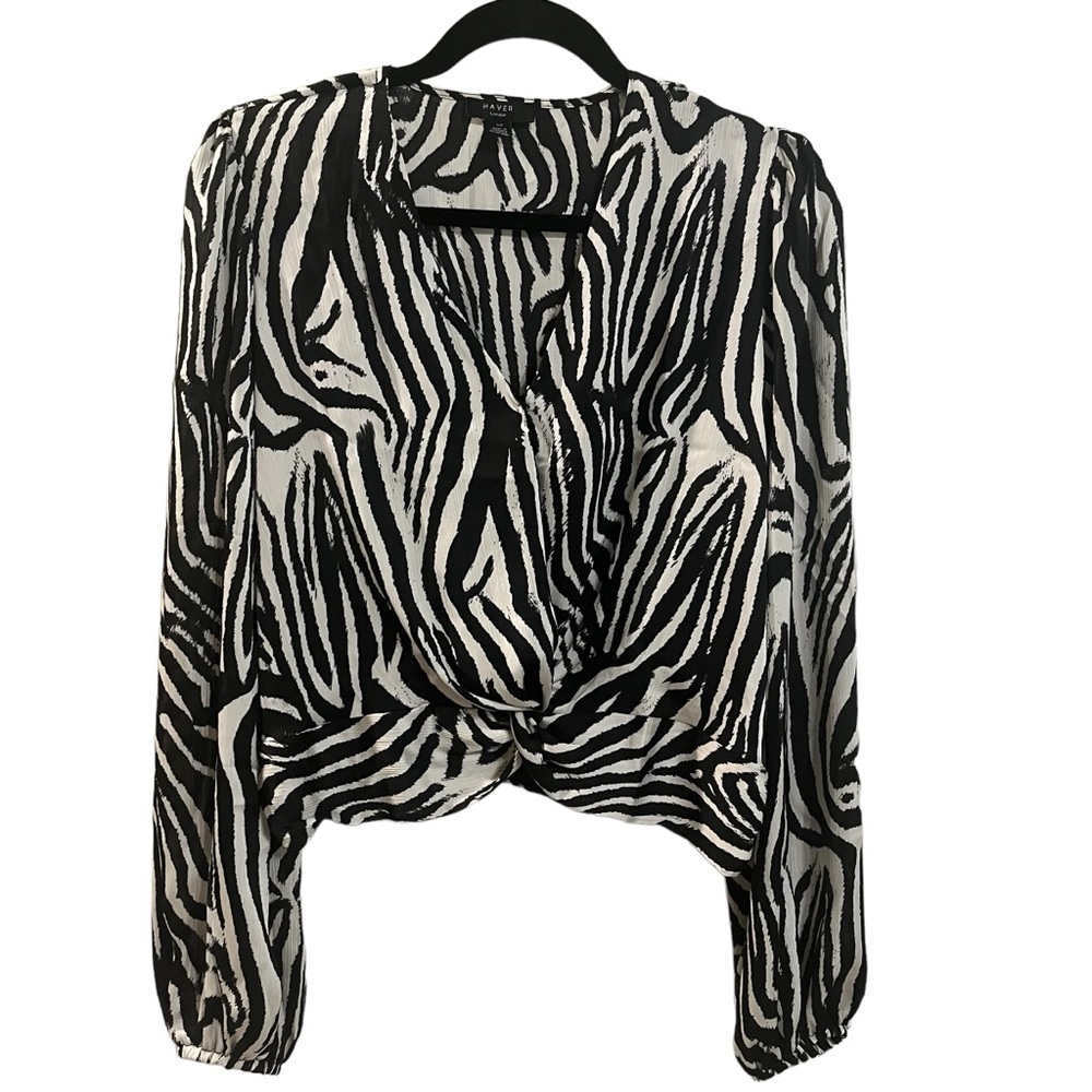 Haver London Zebra Print Long Sleeve Cross-Over Twist Front Size S/P